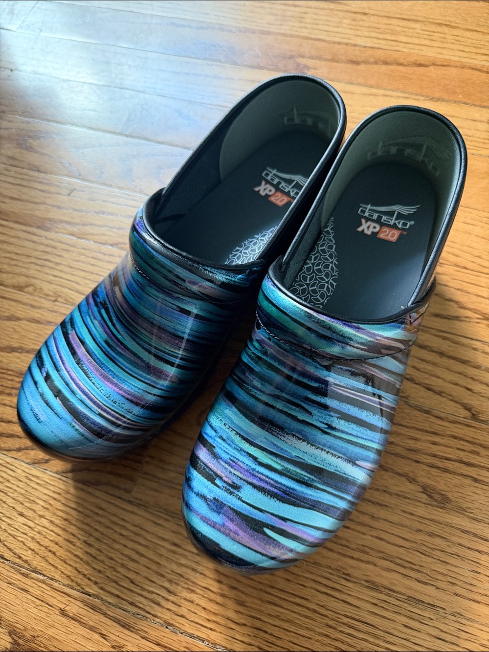 Dansko Teal Blue Black Striped Clogs